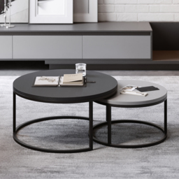 Fero 2 Pieces Modern Wood Gray & Black Round Nesting Coffee Table for Living Room - thumbnail 1