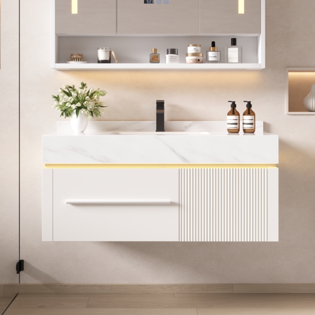 100 cm Wall-Mounted Bathroom Vanity with Sintered Stone Top, LED Sensor Light - image 1