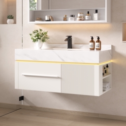 100 cm Wall-Mounted Bathroom Vanity with Sintered Stone Top, LED Sensor Light - thumbnail 2