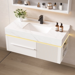 100 cm Wall-Mounted Bathroom Vanity with Sintered Stone Top, LED Sensor Light - thumbnail 3