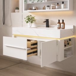100 cm Wall-Mounted Bathroom Vanity with Sintered Stone Top, LED Sensor Light - thumbnail 4