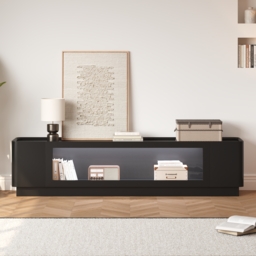 2000mm Glass Door TV Stand Mid Century Modern Wood Media Console with Storage & LED in Black - thumbnail 9