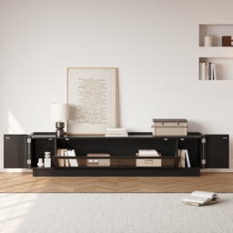 2000mm Glass Door TV Stand Mid Century Modern Wood Media Console with Storage & LED in Black - thumbnail 8