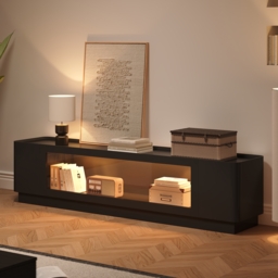 200 cm Glass Door TV Stand Mid Century Modern Wood Media Console with Storage & LED in Black