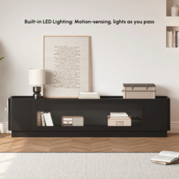 2000mm Glass Door TV Stand Mid Century Modern Wood Media Console with Storage & LED in Black - thumbnail 3