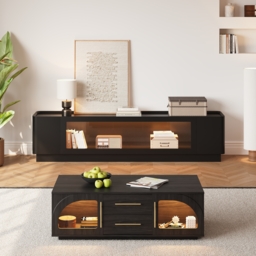 2000mm Glass Door TV Stand Mid Century Modern Wood Media Console with Storage & LED in Black - thumbnail 5