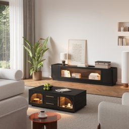 2000mm Glass Door TV Stand Mid Century Modern Wood Media Console with Storage & LED in Black - thumbnail 6