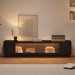 2000mm Glass Door TV Stand Mid Century Modern Wood Media Console with Storage & LED in Black - thumbnail 2