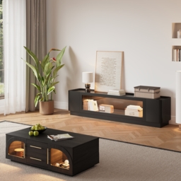 2000mm Glass Door TV Stand Mid Century Modern Wood Media Console with Storage & LED in Black - thumbnail 7