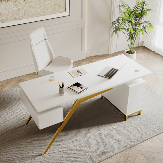 Hungled 1800mm Modern White Computer Desk Luxury Gold Office Desk with Storage & Cabinet - image 1