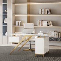 Hungled 1800mm Modern White Computer Desk Luxury Gold Office Desk with Storage & Cabinet - thumbnail 5