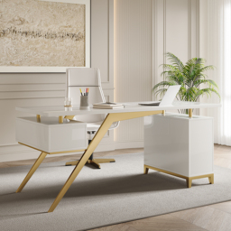 Hungled 1800mm Modern White Computer Desk Luxury Gold Office Desk with Storage & Cabinet - thumbnail 2