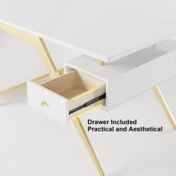 Hungled 1800mm Modern White Computer Desk Luxury Gold Office Desk with Storage & Cabinet - thumbnail 9
