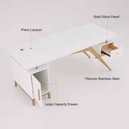 Hungled 1800mm Modern White Computer Desk Luxury Gold Office Desk with Storage & Cabinet - thumbnail 8