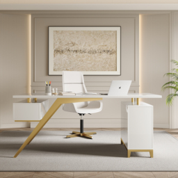 Hungled 1800mm Modern White Computer Desk Luxury Gold Office Desk with Storage & Cabinet - thumbnail 3