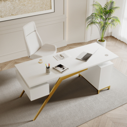 Hungled 1800mm Modern White Computer Desk Luxury Gold Office Desk with Storage & Cabinet - thumbnail 1