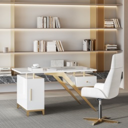 Hungled 1800mm Modern White Computer Desk Luxury Gold Office Desk with Storage & Cabinet - thumbnail 4