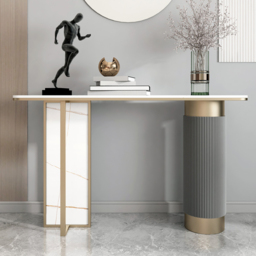 Modern White Gold Entryway Console Table Sintered Stone Top - thumbnail 1