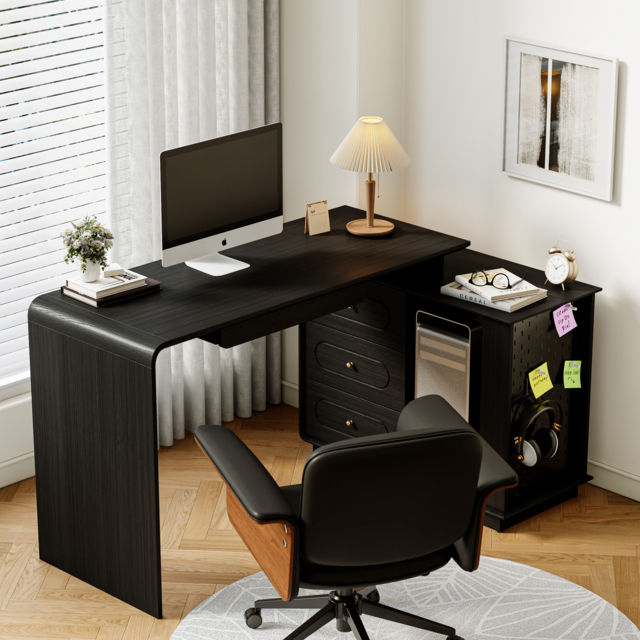 Black L-Shaped Corner Desk with Storage & Black Faux Leather Office Chair - image 1