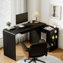 Black L-Shaped Corner Desk with Storage & Black Faux Leather Office Chair - thumbnail 1