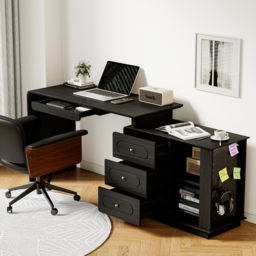 Black L-Shaped Corner Desk with Storage & Black Faux Leather Office Chair - thumbnail 4
