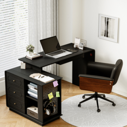 Black L-Shaped Corner Desk with Storage & Black Faux Leather Office Chair - thumbnail 3