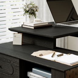 Black L-Shaped Corner Desk with Storage & Black Faux Leather Office Chair - thumbnail 9