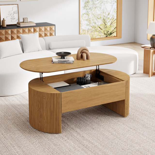 Natural Oval Lift Top Mid-Century Modern Coffee Table - image 1