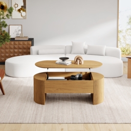 Natural Oval Lift Top Mid-Century Modern Coffee Table - thumbnail 2