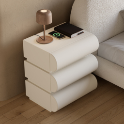 Modern White Leather Smart Bedside Table with Wireless Charger 3 Drawers Bedside Table with USB & Type-C Ports - thumbnail 2