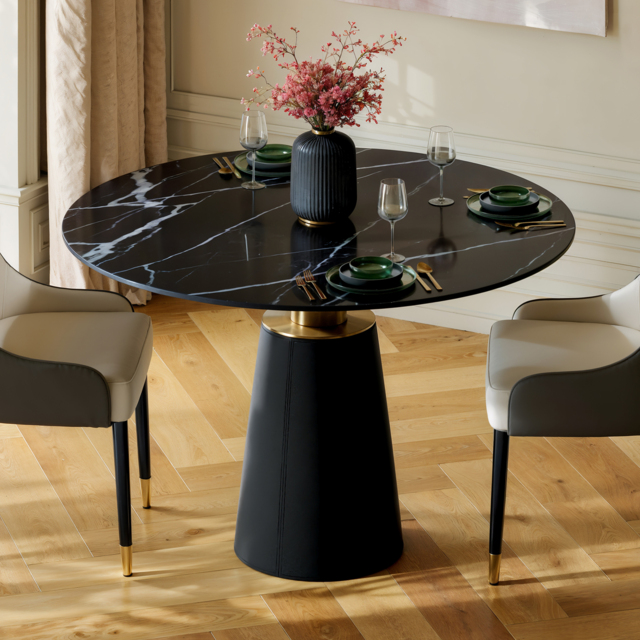 100 cm Sintered Stone Round Dining Table with Saddle Leather Base Seats 2-4 People - image 1
