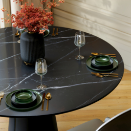 100 cm Sintered Stone Round Dining Table with Saddle Leather Base Seats 2-4 People - thumbnail 7