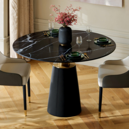 100 cm Sintered Stone Round Dining Table with Saddle Leather Base Seats 2-4 People - thumbnail 1