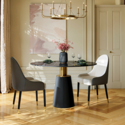 100 cm Sintered Stone Round Dining Table with Saddle Leather Base Seats 2-4 People - thumbnail 3