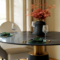 100 cm Sintered Stone Round Dining Table with Saddle Leather Base Seats 2-4 People - thumbnail 8