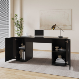Standing Computer Desk with 2 Doors & Storage Black Manufactured Wood Office Furniture (150 cm ) - thumbnail 4