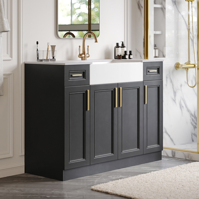 1200mm Black Freestanding Single Farmhouse Sink Bathroom Vanity with Stone Top