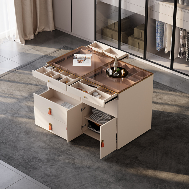 1200 mm W Champagne Walk-in Wardrobe Island 12 Drawers Dresser & Chest with Jewellery Storage - image 1