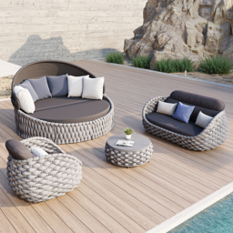Cocaro 2 PCS Adjustable Patio Outdoor Daybed Round Sectional with Canopy Exterior Furniture in Grey Cushion & Pillow Included - thumbnail 2