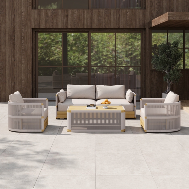 Costra 4-piece Modern Aluminium & Rope Outdoor Swivel Sofa Set with Coffee Table in Khaki for 4 People, Modern Wood Outdoor & Yard Rope Sofa Set - image 1