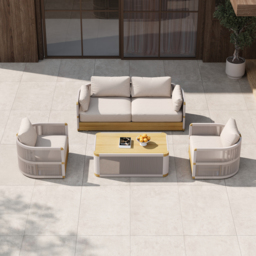 Costra 4-piece Modern Aluminium & Rope Outdoor Swivel Sofa Set with Coffee Table in Khaki for 4 People, Modern Wood Outdoor & Yard Rope Sofa Set - thumbnail 3