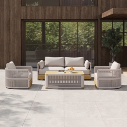 Costra 4-piece Modern Aluminium & Rope Outdoor Swivel Sofa Set with Coffee Table in Khaki for 4 People, Modern Wood Outdoor & Yard Rope Sofa Set