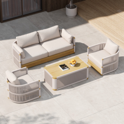 Costra 4-piece Modern Aluminium & Rope Outdoor Swivel Sofa Set with Coffee Table in Khaki for 4 People, Modern Wood Outdoor & Yard Rope Sofa Set - thumbnail 2