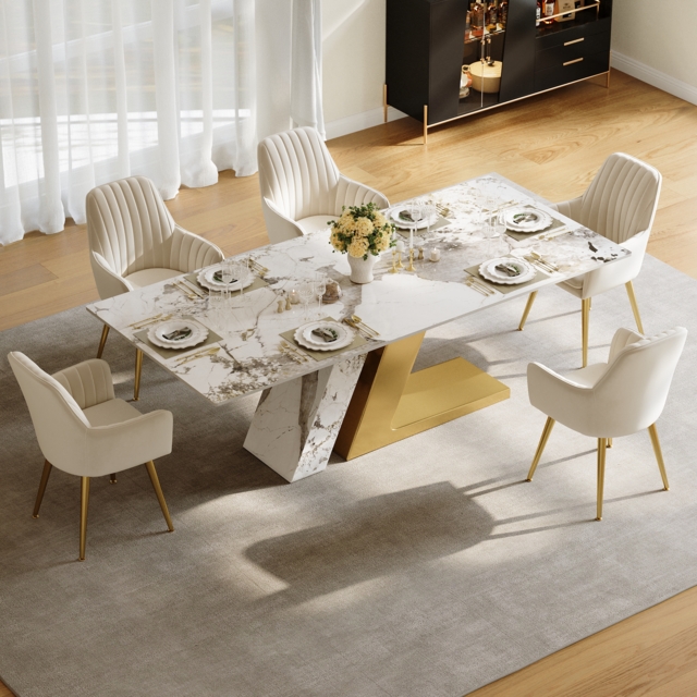 Rectangle Dining Table Faux Marble Top Stainless Steel for 8 Luxotic Modern 200 cm - image 1