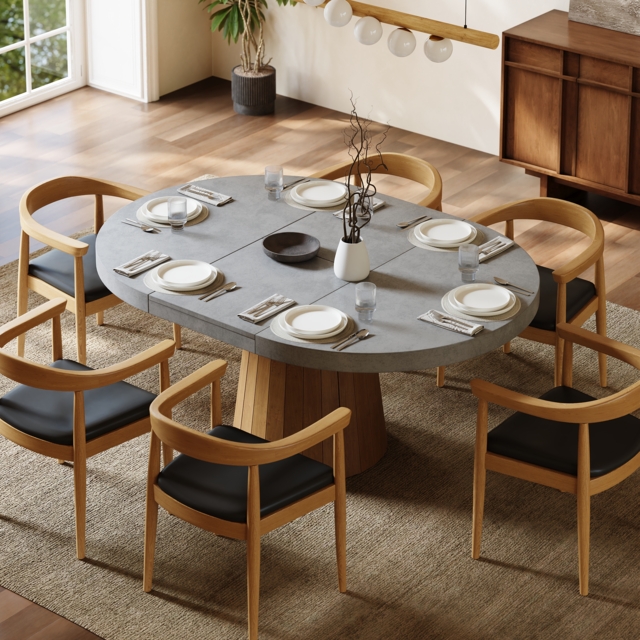 "Extendable Dining Table Set 39""-55"" Japandi Gray Dining Table & 6 Walnut Wood Dining Chairs" - image 1