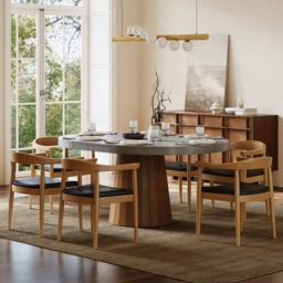 "Extendable Dining Table Set 39""-55"" Japandi Gray Dining Table & 6 Walnut Wood Dining Chairs" - thumbnail 2