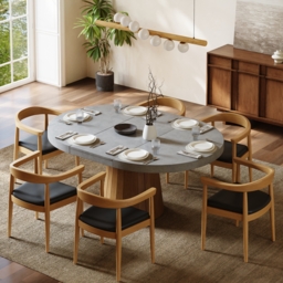 "Extendable Dining Table Set 39""-55"" Japandi Gray Dining Table & 6 Walnut Wood Dining Chairs" - thumbnail 3