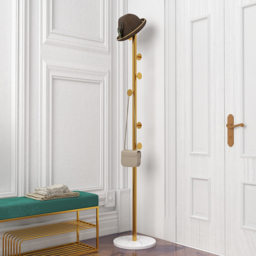 Coat Stand Brass Gold Round Hooks Hallway Freestanding Coat Hanger Marble Base - thumbnail 2