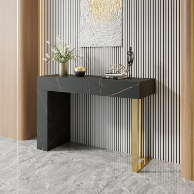 1200mm Black Console Table Modern Accent Table For Entryway with 2 Drawers & Stainless Steeel Base in Gold - image 1