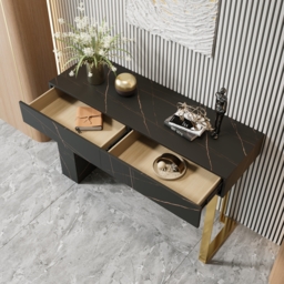 1200mm Black Console Table Modern Accent Table For Entryway with 2 Drawers & Stainless Steeel Base in Gold - thumbnail 5